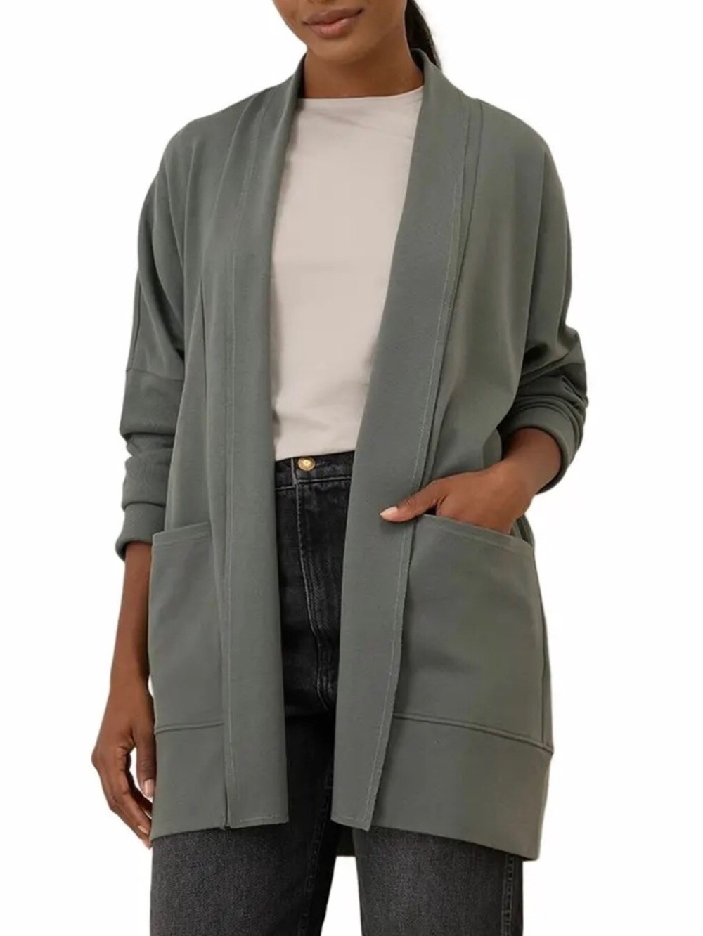 Pact Size XS/S Olive Green Airplane Wrap Cardigan Organic Cotton Pockets Lounge